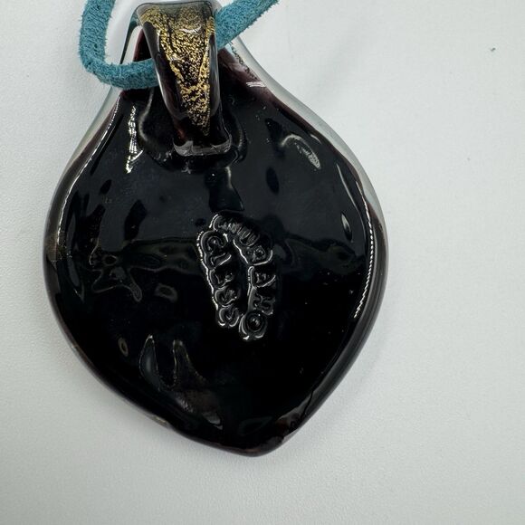 Murano Glass Necklace Pendant Black Teal Blue Green Aqua Art Deco 2" Leather - Picture 2 of 12